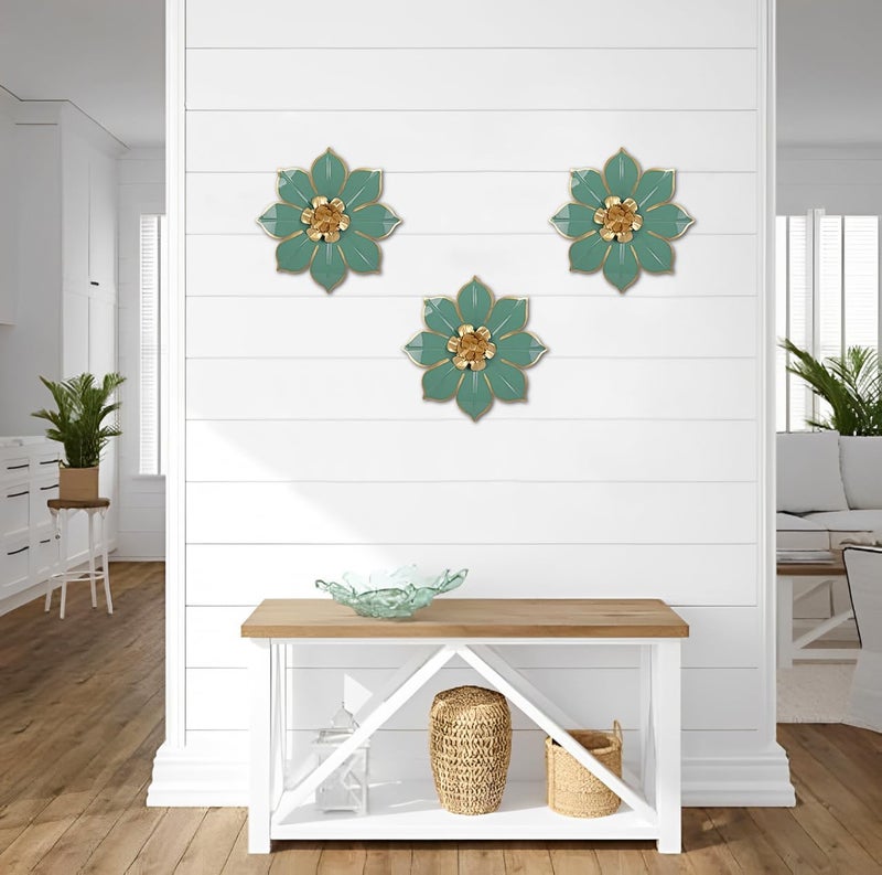 Villa Como Metal Flowers Wall Decor Set of 3, Green & Gold 3D Floral Metal Wall Art Decor for Inoor & Outdoor Use, Vintage & Modern Walls Arts for Bathroom, Living Room, Bedroom, Garden, Patio, Porch, Office,10" - Image 4